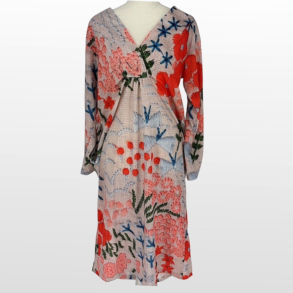 Floral Print Midi Dress XS Long Sleeve V Neck Cottagecore Boho Art To Wear